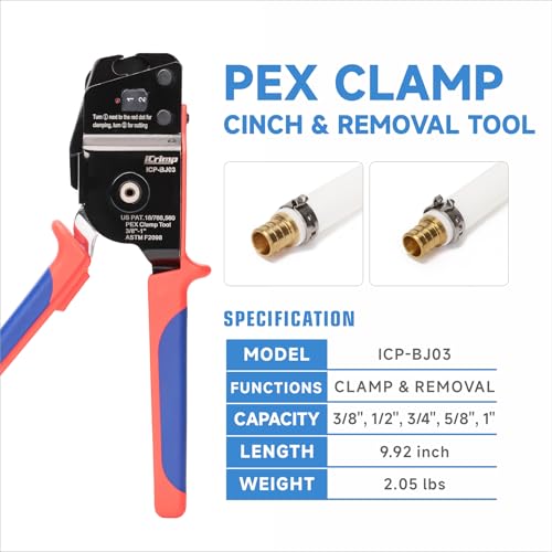 iCrimp ICP-BJ03 PEX Clamp Tool for Cinch and Removal of 3/8-in, 1/2-in, 3/4-in and 1-in PEX Clamp Rings, One-handed PEX Crimping Tool - Image 2