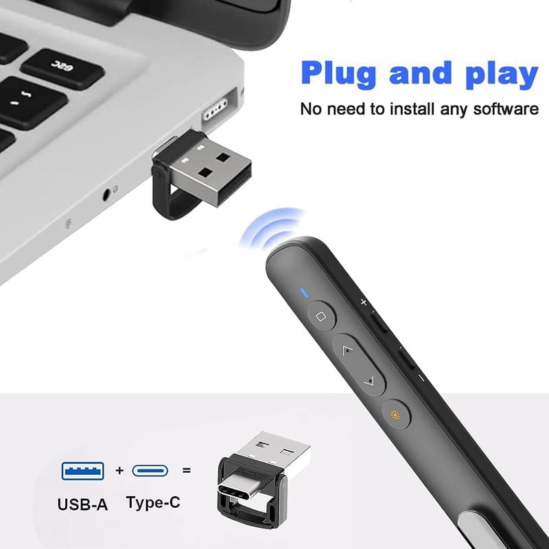 Wisfunlly Presentation Clicker، مشغل عرض لاسلكي بتردد 2.4 جيجاهرتز ومتوافق مع منافذ USB-A/Type-C، ��ثالي لعروض PowerPoint. يتميز بوجود وظيفة التحكم عن بعد في الروابط المختصرة ومستوى الصوت، ويعمل مع برامج Keynote، PPT، Mac، PC، وأجهزة اللابتوب. - Image 5