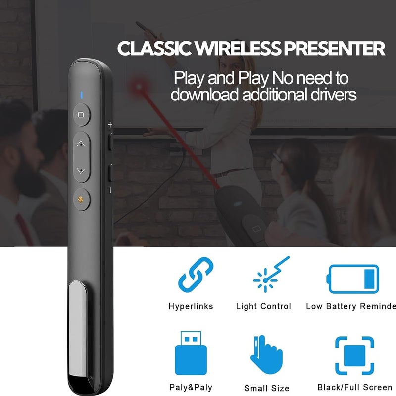 Wisfunlly Presentation Clicker، مشغل عرض لاسلكي بتردد 2.4 جيجاهرتز ومتوافق مع منافذ USB-A/Type-C، ��ثالي لعروض PowerPoint. يتميز بوجود وظيفة التحكم عن بعد في الروابط المختصرة ومستوى الصوت، ويعمل مع برامج Keynote، PPT، Mac، PC، وأجهزة اللابتوب. - Image 3
