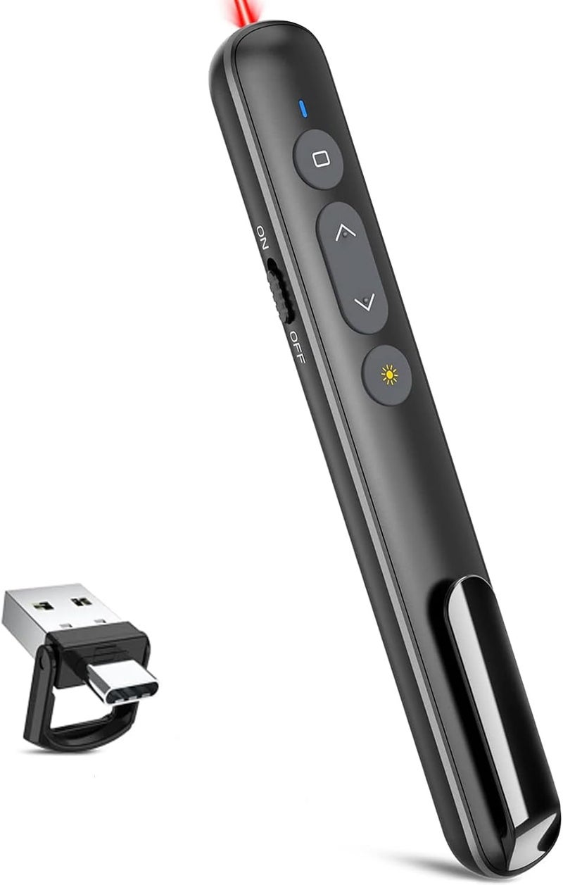 Wisfunlly Presentation Clicker، مشغل عرض لاسلكي بتردد 2.4 جيجاهرتز ومتوافق مع منافذ USB-A/Type-C، ��ثالي لعروض PowerPoint. يتميز بوجود وظيفة التحكم عن بعد في الروابط المختصرة ومستوى الصوت، ويعمل مع برامج Keynote، PPT، Mac، PC، وأجهزة اللابتوب. - Image 1
