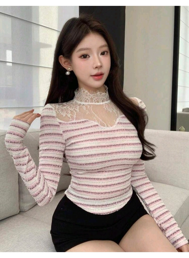Dazy Striped Lace Trim Mesh Splice Stand Collar Long Sleeve Women's TOP BLOUSE FROM DAZY - Image 3
