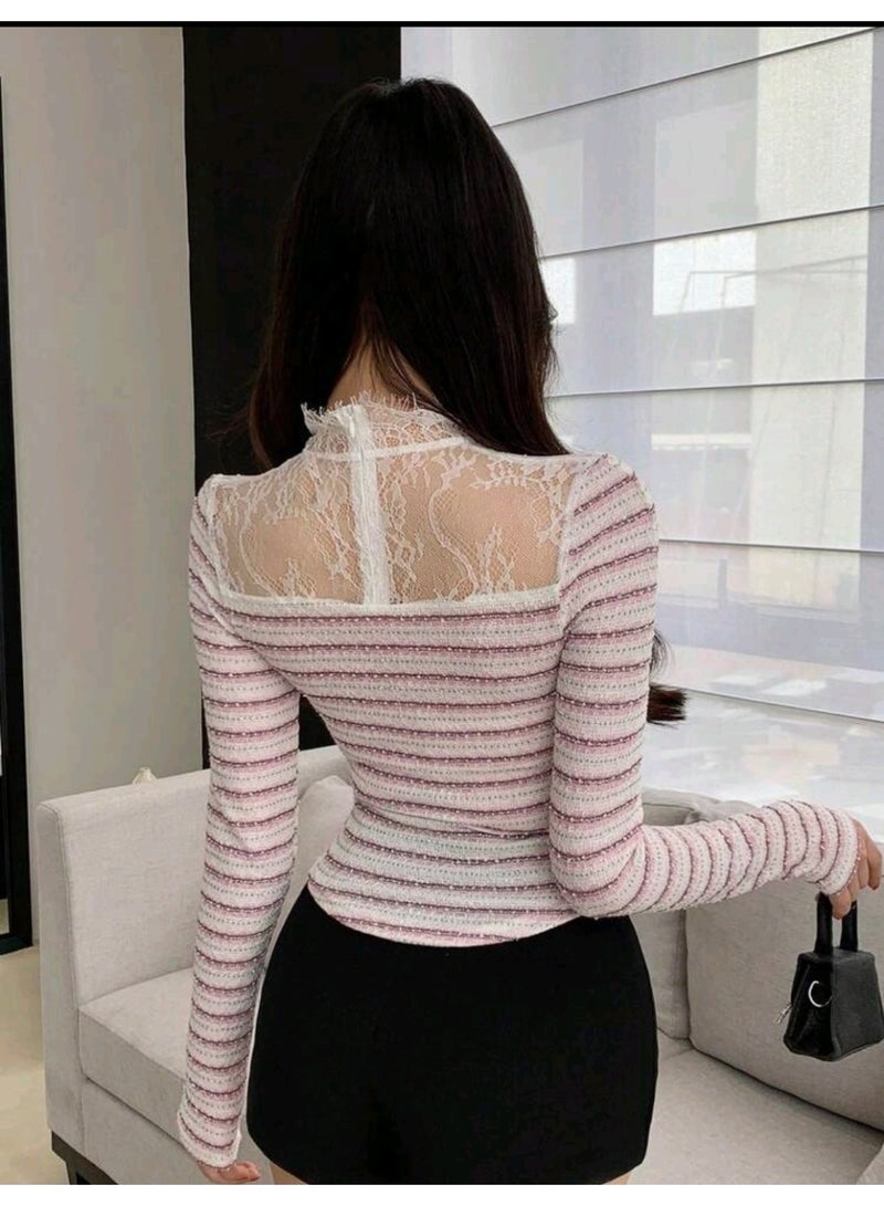 Dazy Striped Lace Trim Mesh Splice Stand Collar Long Sleeve Women's TOP BLOUSE FROM DAZY - Image 2