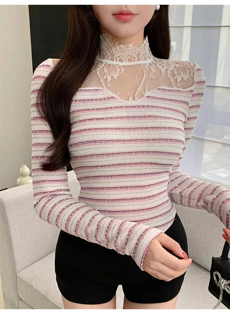 Dazy Striped Lace Trim Mesh Splice Stand Collar Long Sleeve Women's TOP BLOUSE FROM DAZY - Image 1