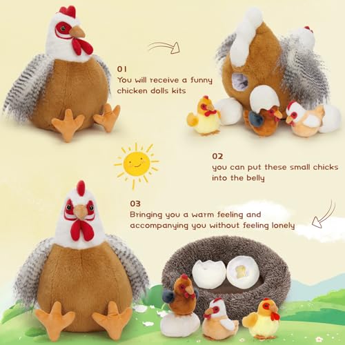 BENINY 8Pcs Chicken Stuffed Animal Stuffed White Hen with Little Baby Chicks and Coop Plush Toys for Kids Hit of Christmas Farm Party - Image 5