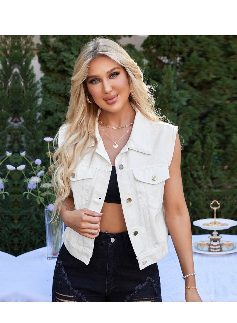 Loquat Women's lapel denim vest White - Image 1