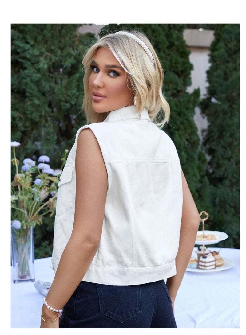 Loquat Women's lapel denim vest White - Image 3