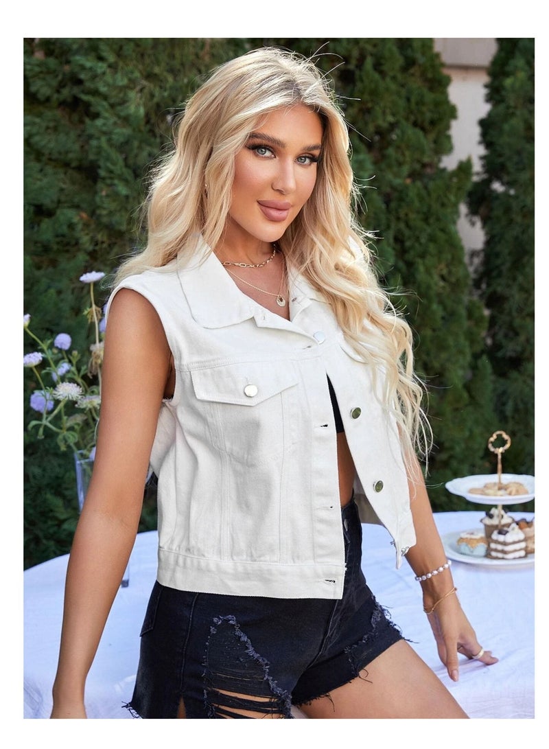 Loquat Women's lapel denim vest White - Image 2