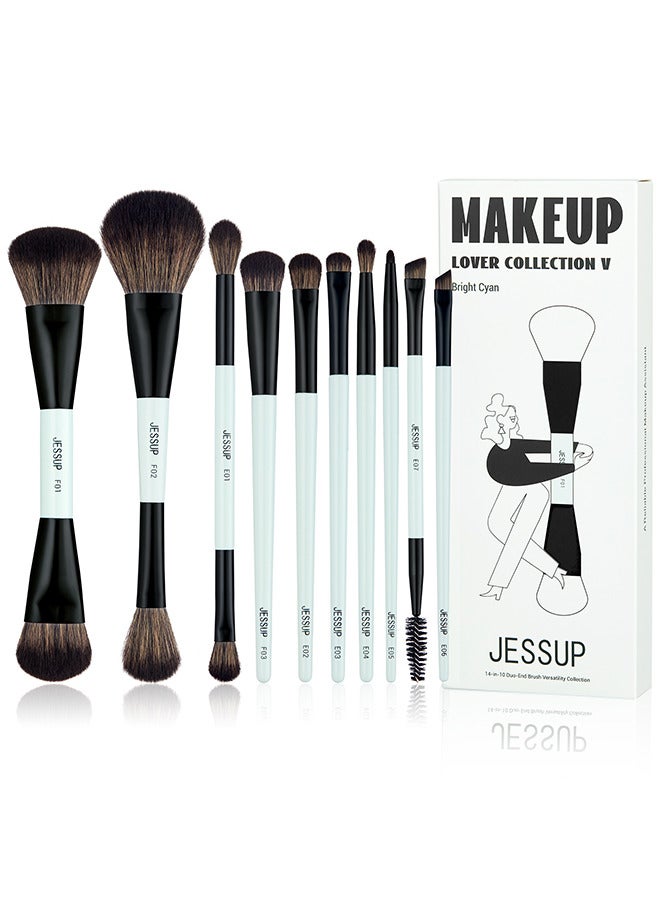 Jessup Makeup Brushes Set 10pcs, Double Sided Foundation Contour Blush Highlight Blending Eyebrow Brush Eyeshadow Eyeliner Concealer Brush, Bright Cyan Cruelty Free Cosmetic Tools T500 - Image 1