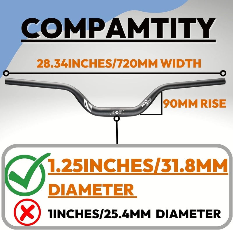 Mixsuper Mountain Bike High Riser Handlebar 31.8mm Length 720mm Rise 90mm Aluminium Alloy MTB Handlebar Black - Image 2