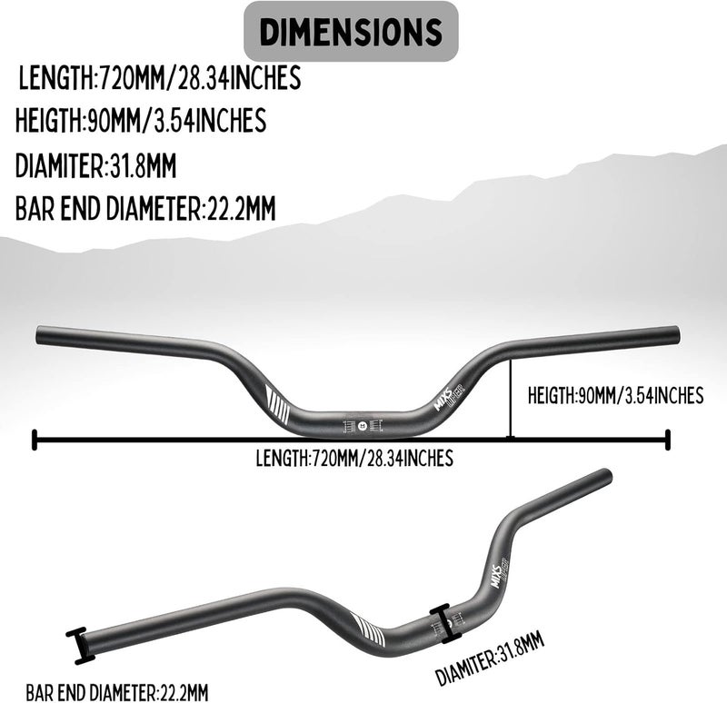 Mixsuper Mountain Bike High Riser Handlebar 31.8mm Length 720mm Rise 90mm Aluminium Alloy MTB Handlebar Black - Image 3