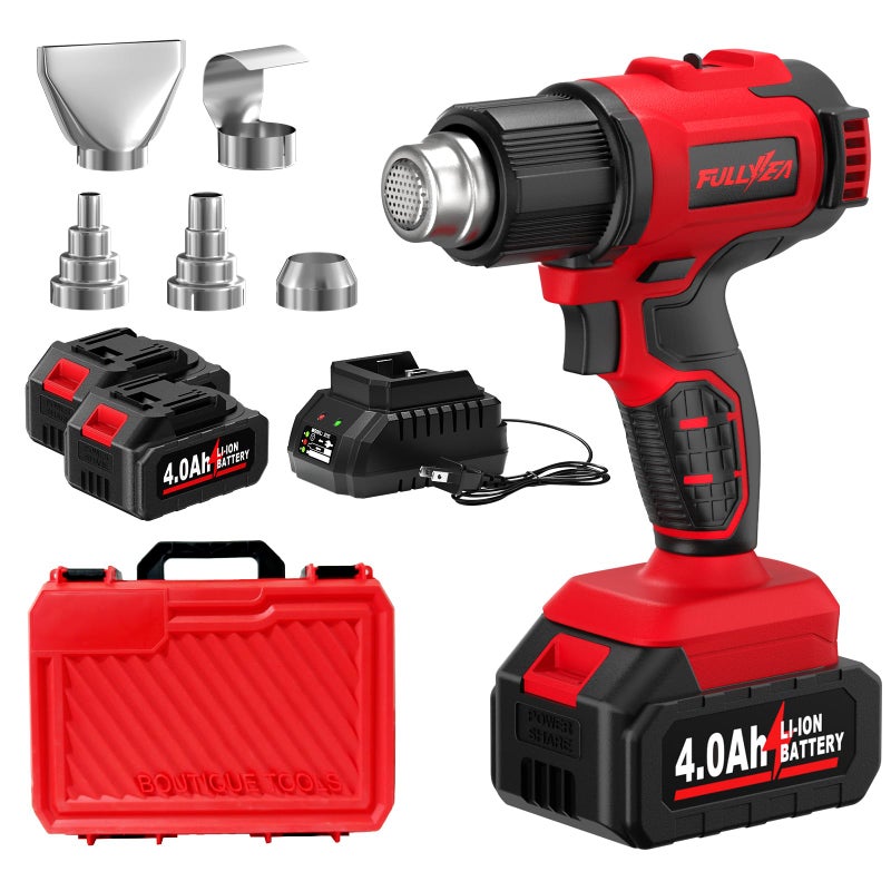 FULLYEA Cordless Heat Gun, Max 1022Â°F (550Â°C) Fast Heating, Lightweight Hot Air Gun Kit with 2x4.0Ah Batteries & 5 Nozzles, Portable Heat Gun for Shrink Tubing, PVC Wrap, Crafts (Red) - Image 1