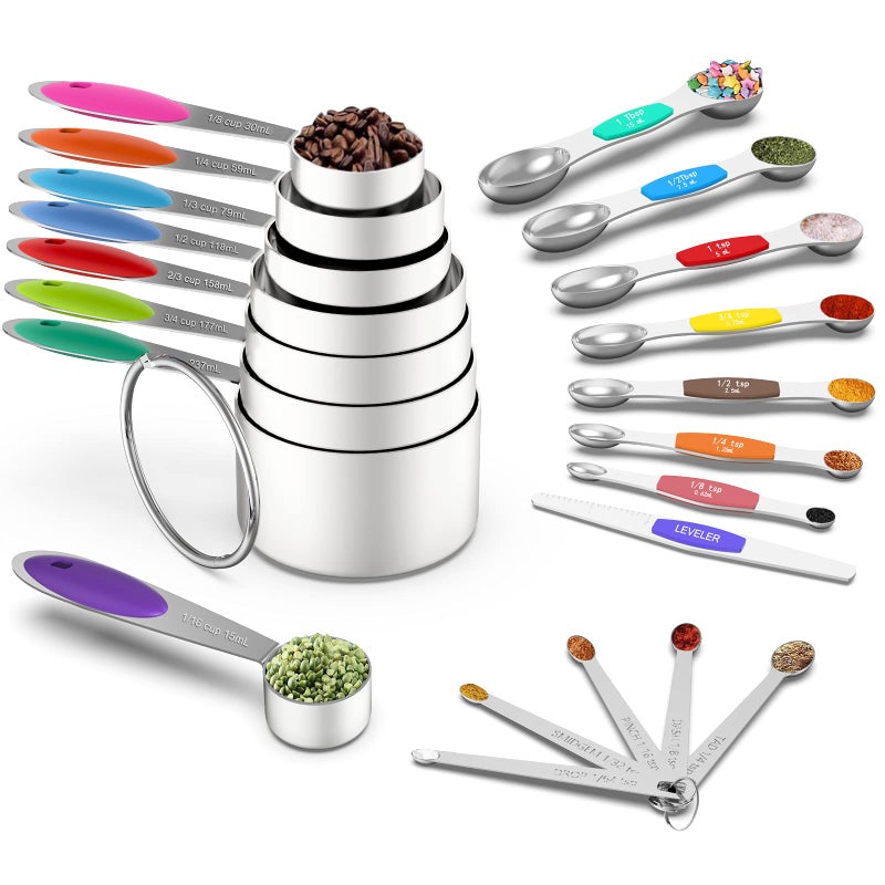 Measuring Cups and Magnetic Measuring Spoons Set Wildone Stainless Steel 8 Measuring Cups 7 Double Sided Stackable Magnetic Measuring Spoons 1 Leveler  5 Mini Spoons  21 Piece Multicolor