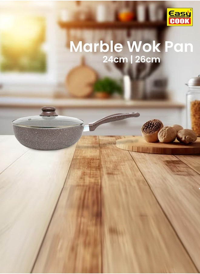 Easy Cook - Easycook Marble Wok Pan | Non-Stick Stir-Fry Pan with Marble Coating | with Glass Lid - Image 1