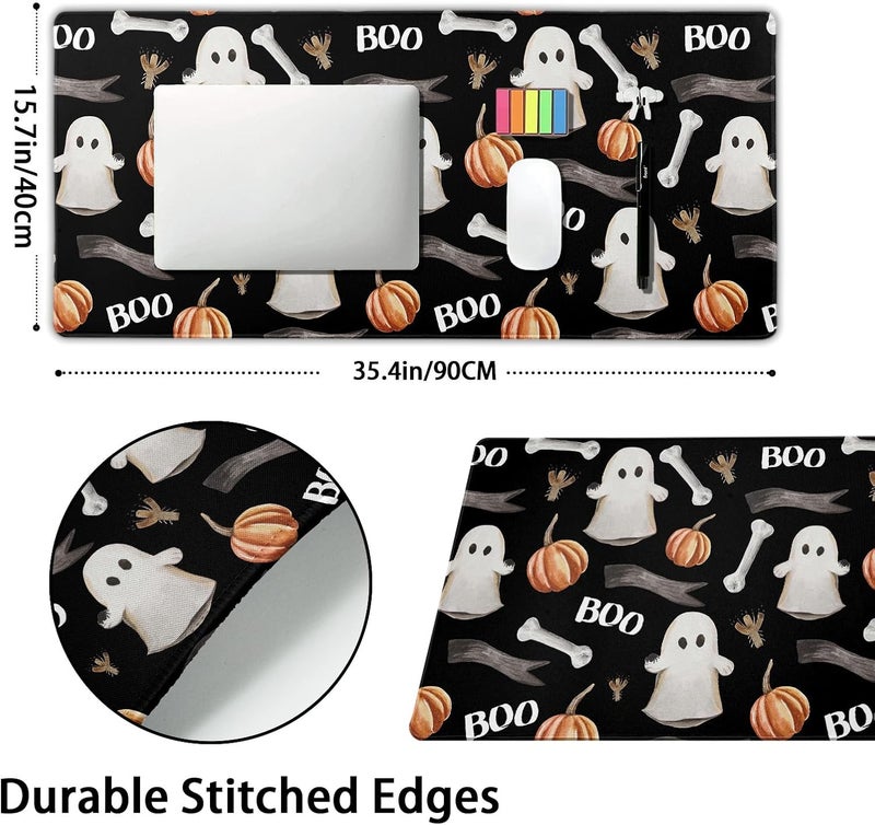 aportt Black Halloween Gaming Mouse Pad XXL Cute Ghost Fall Pumpkin Extended Spooky Large Mat Mousepad Desk Pad Non-Slip Rubber Base Stitched Edge Keyboard Pad Playmat for Computer,35.4×15.7 Inch - Image 2