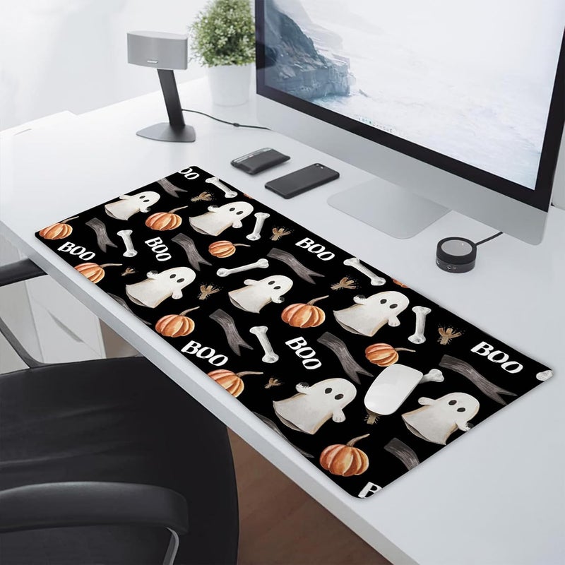 aportt Black Halloween Gaming Mouse Pad XXL Cute Ghost Fall Pumpkin Extended Spooky Large Mat Mousepad Desk Pad Non-Slip Rubber Base Stitched Edge Keyboard Pad Playmat for Computer,35.4×15.7 Inch - Image 5