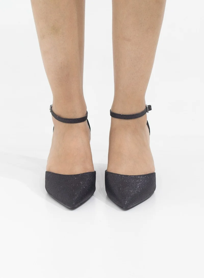 LAMARAPARIS Mibala 6cm heel open waist ankle shimmer strap pointy black