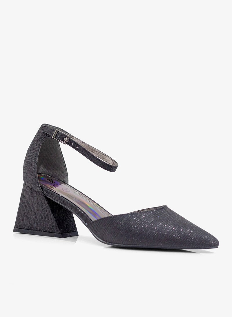 LAMARAPARIS Mibala 6cm heel open waist ankle shimmer strap pointy black - Image 1
