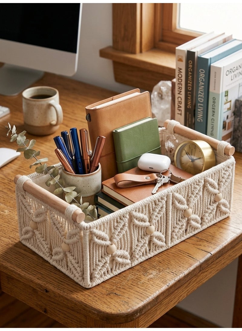 Antikiano Handmade Rectangular Macramé Storage Basket with Fabric Lining and Wooden Handles for Shelves, Drawers and Desk Organization – Beige - Image 2
