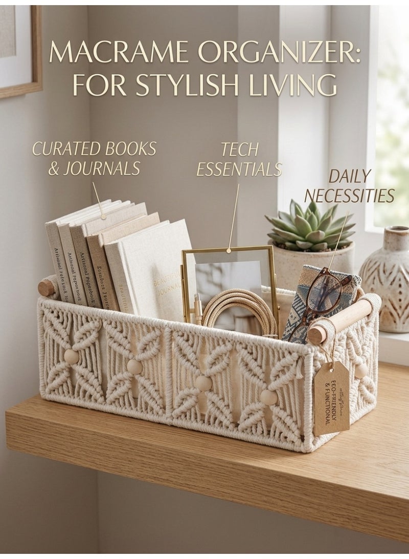 Antikiano Handmade Rectangular Macramé Storage Basket with Fabric Lining and Wooden Handles for Shelves, Drawers and Desk Organization – Beige - Image 3
