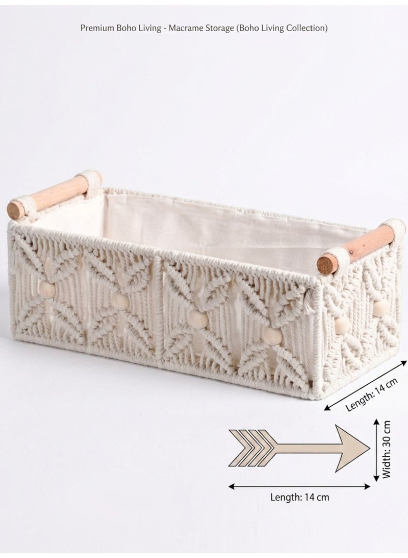 Antikiano Handmade Rectangular Macramé Storage Basket with Fabric Lining and Wooden Handles for Shelves, Drawers and Desk Organization – Beige - Image 4