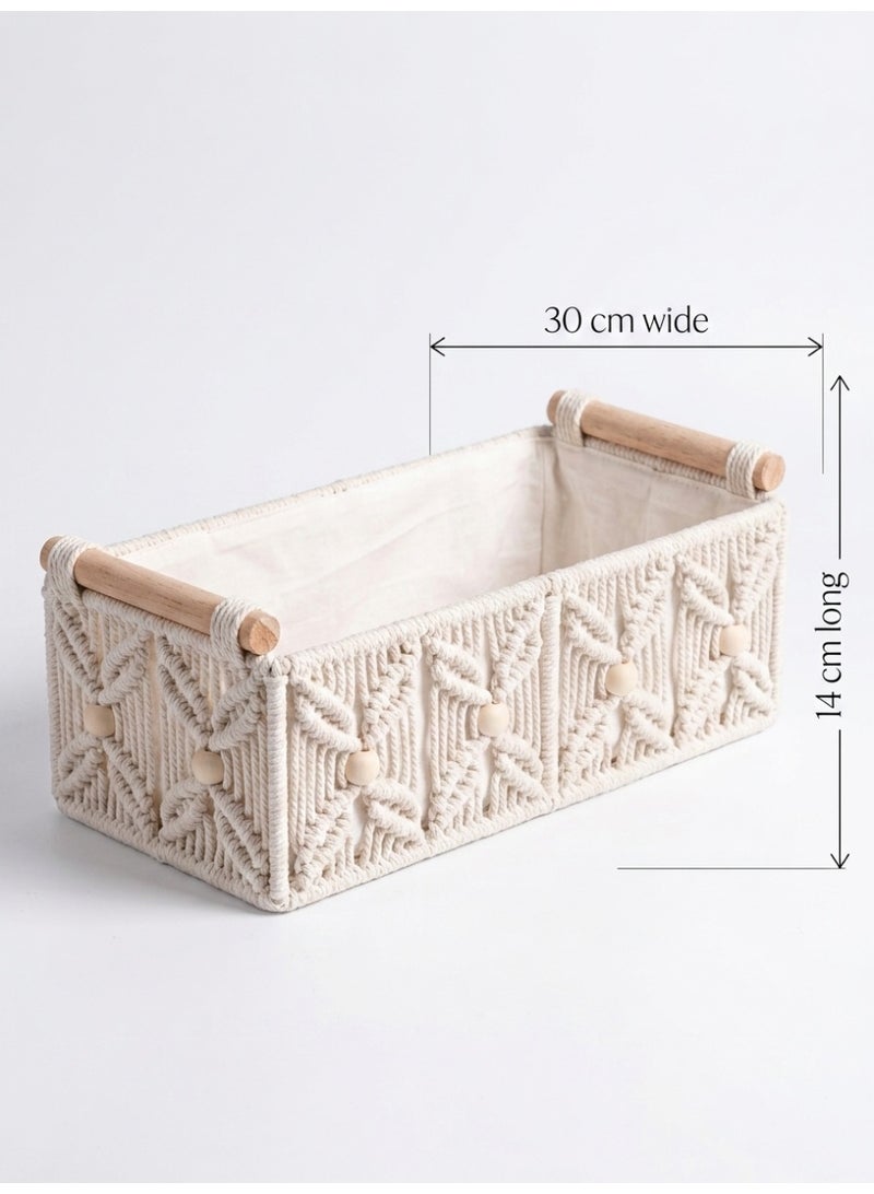 Antikiano Handmade Rectangular Macramé Storage Basket with Fabric Lining and Wooden Handles for Shelves, Drawers and Desk Organization – Beige - Image 5