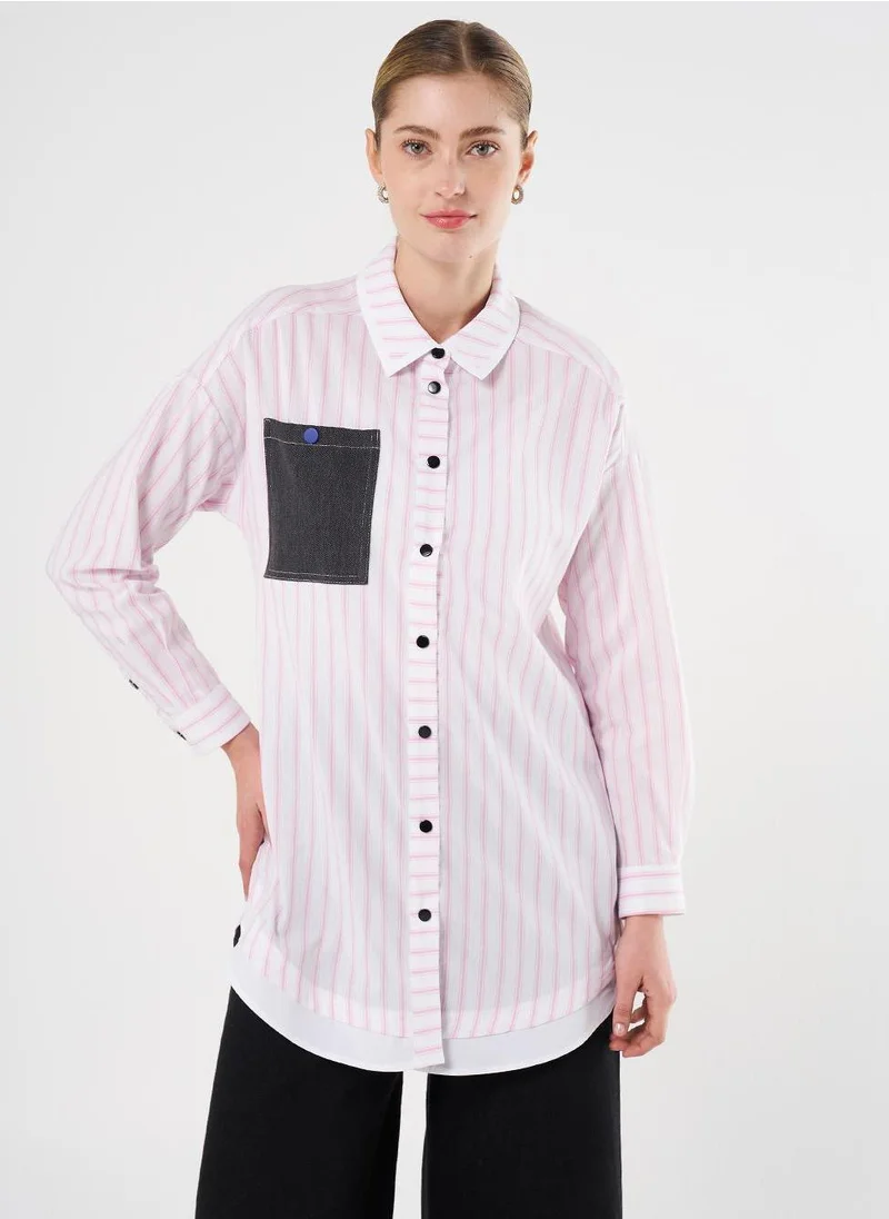 Kayra Denim-Trimmed Striped Tunic in Candy Pink