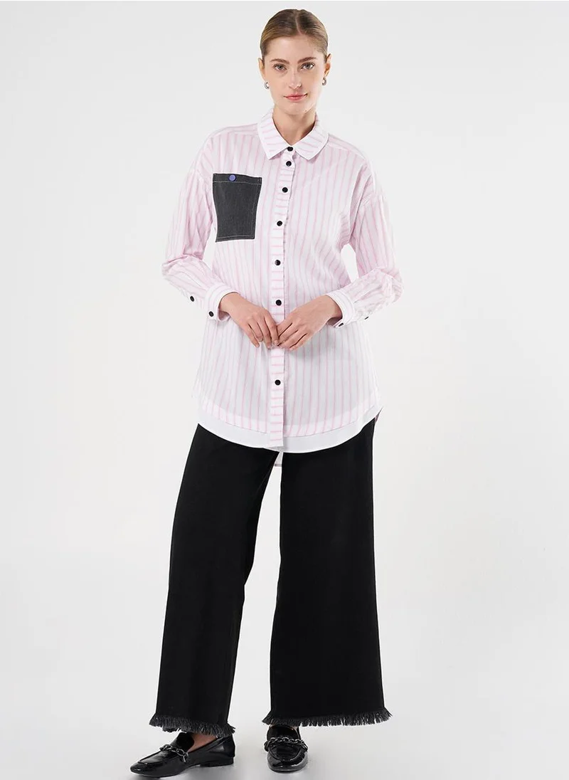 Kayra Denim-Trimmed Striped Tunic in Candy Pink
