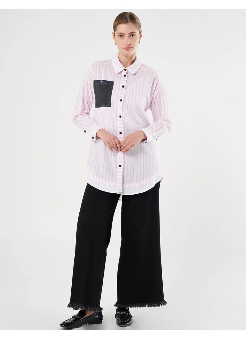 Kayra Denim-Trimmed Striped Tunic in Candy Pink