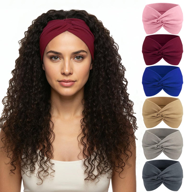 obeoby 6 Inch Cotton Wide Headbands for Work,Daily Life, 6 Pack Non Slip Hair Bands for Workers Large African Hair Wrap for Boho Outfits - Image 1