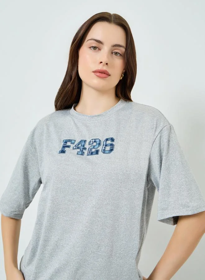 Styli Grey Check Embroidered Oversized T-Shirt