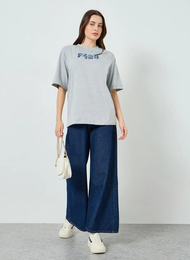 Styli Grey Check Embroidered Oversized T-Shirt