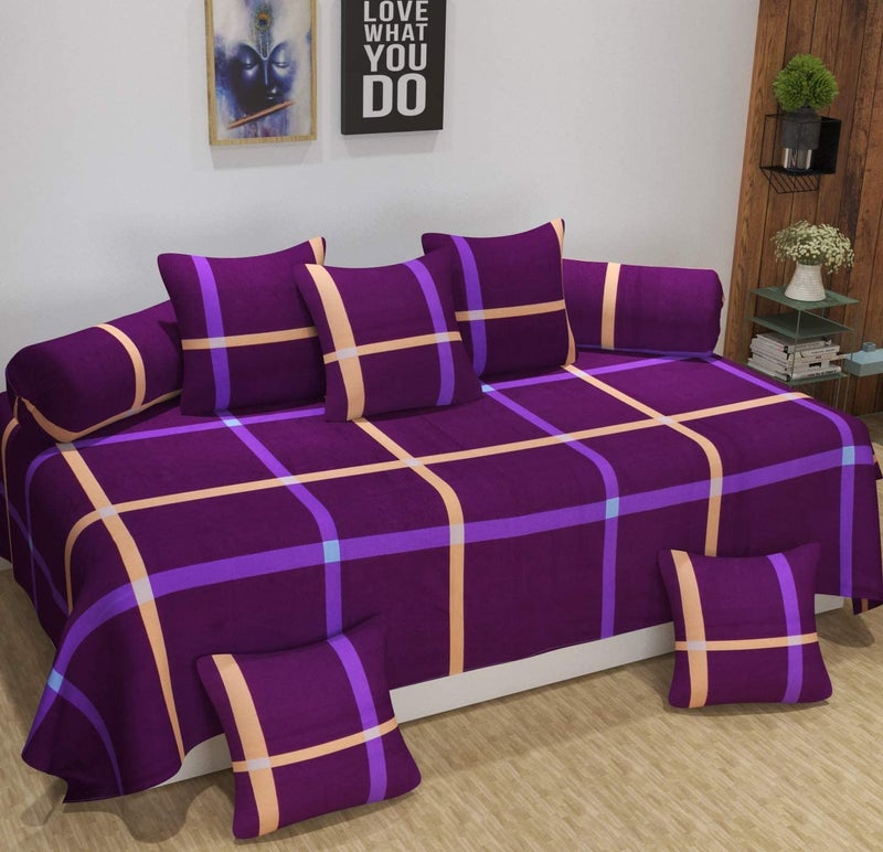 Castiqa Microfiber Fabric Abstract Design 8 Pcs Diwan Set Covers of 1 Bedsheet 2 Bolster Covers 5 Cushion Covers (Light Purple)