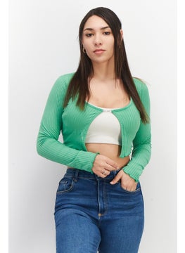 Women Boat Neck Long Sleeve Textured Crop Top, Green