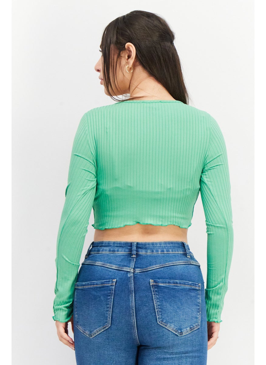 NEW LOOK - Women Boat Neck Long Sleeve Textured Crop Top, Green - Image 1