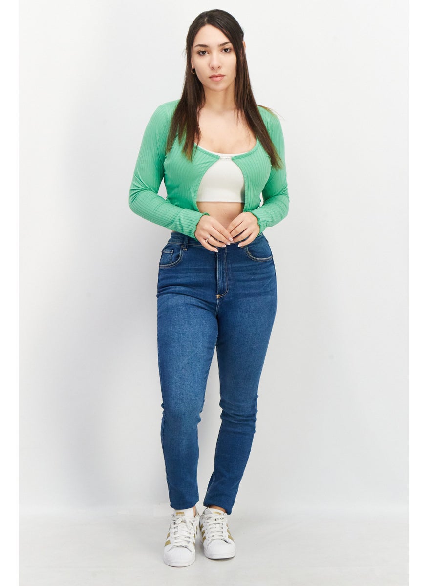 NEW LOOK - Women Boat Neck Long Sleeve Textured Crop Top, Green - Image 1
