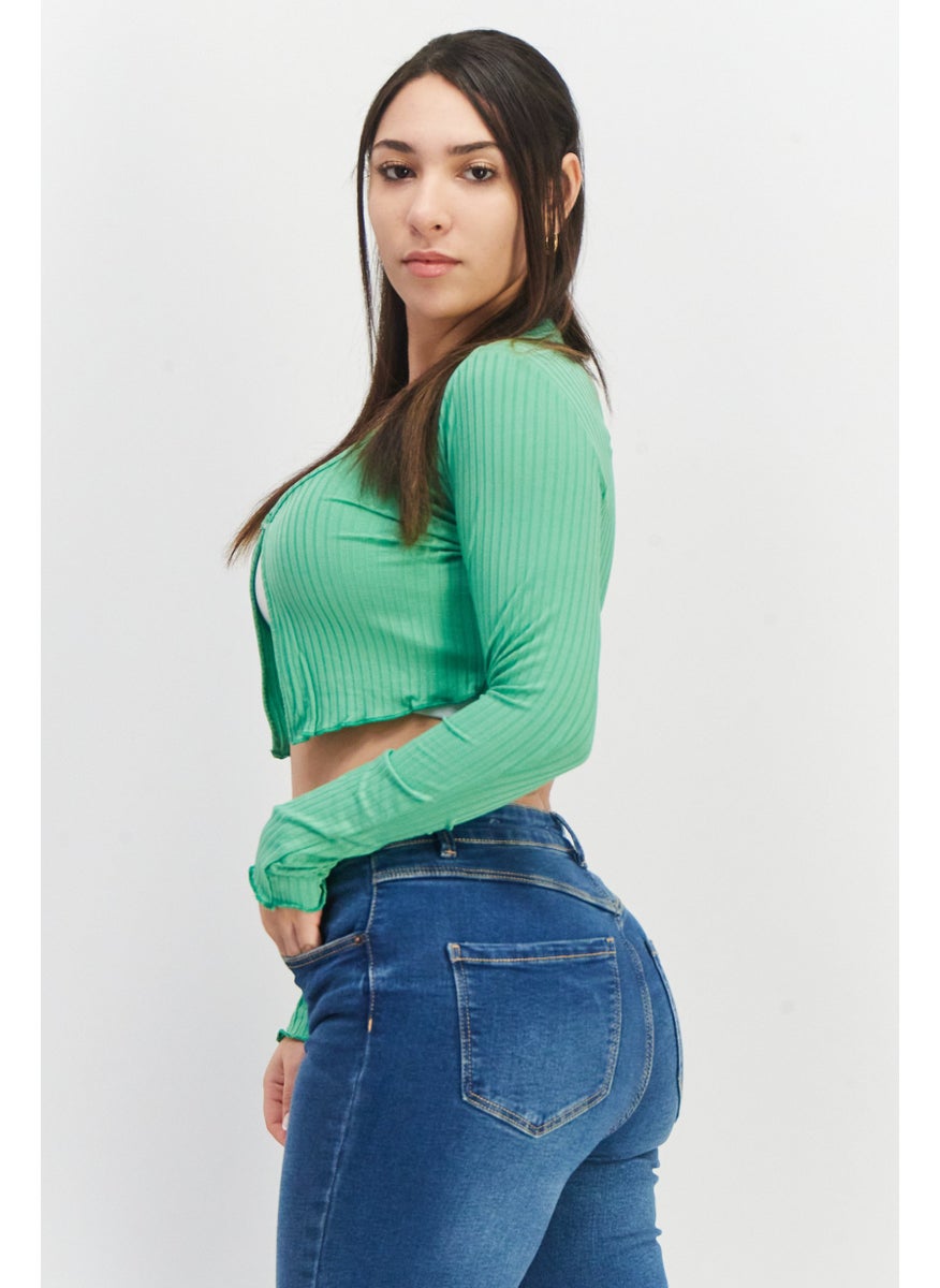 NEW LOOK - Women Boat Neck Long Sleeve Textured Crop Top, Green - Image 1