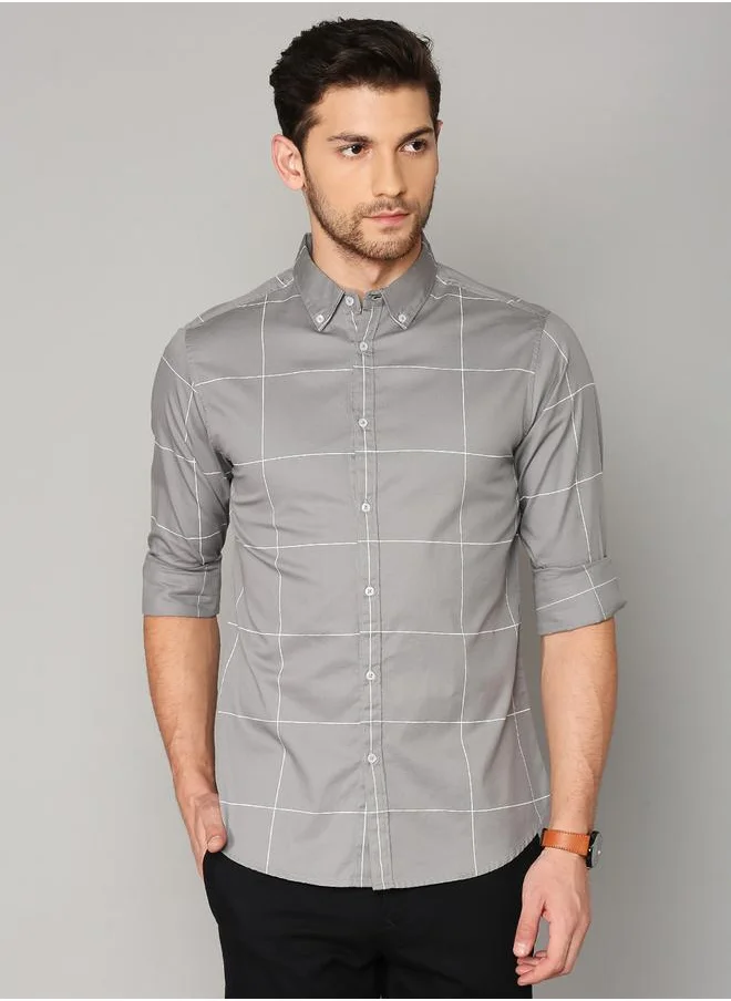 دينيس لينغو Slim Fit Grey Men's Solid Shirt, Spread Collar, Full Sleeves, 100% Cotton,