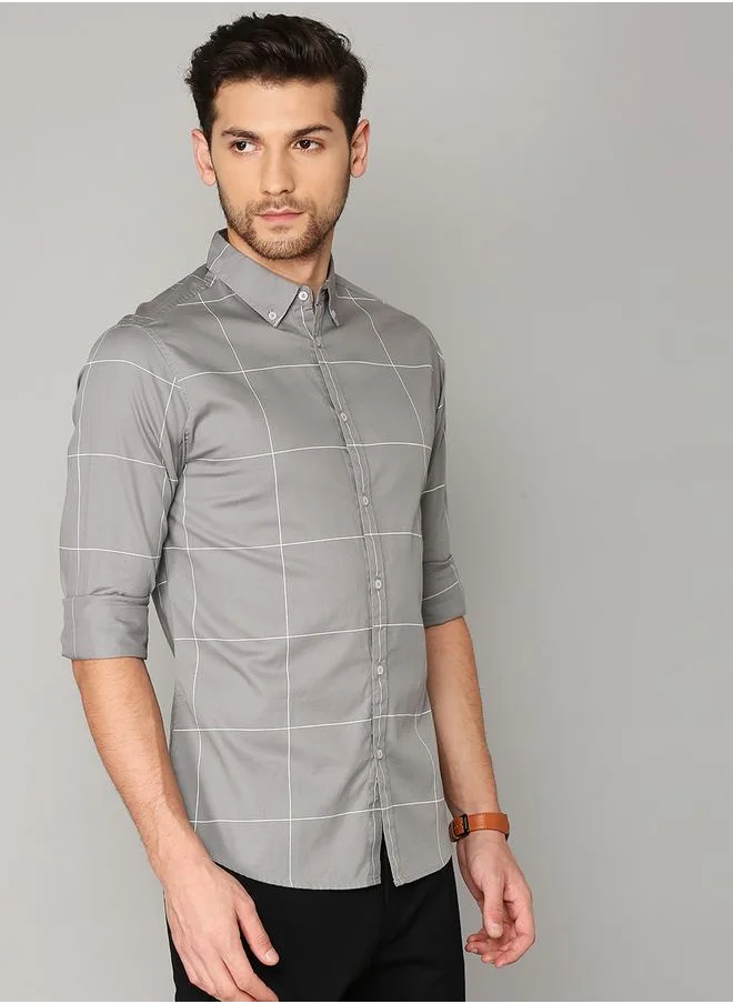 دينيس لينغو Slim Fit Grey Men's Solid Shirt, Spread Collar, Full Sleeves, 100% Cotton,