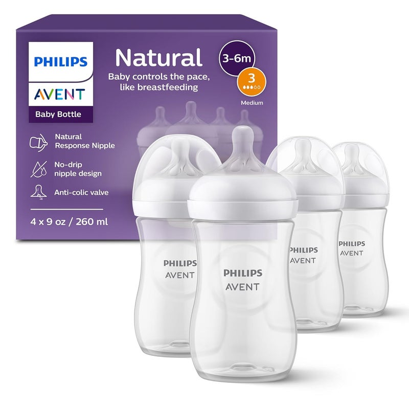 Avent Philips Natural Baby Feeding Bottle Combo| No.1 Brand Recommended by Moms Worldwide | Natural Response Technology Mimics Breastfeeding (260ml Clear - 4pc Combo) | SCY903/04 - Image 1