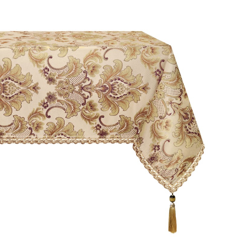 Loom and Mill Luxury Rectangle Tablecloth 60 x 104 Inches Elegant Damask Golden Floral Table Cover with Handmade Tassels for Dining Table Banquets DecorationsBeige 60x104