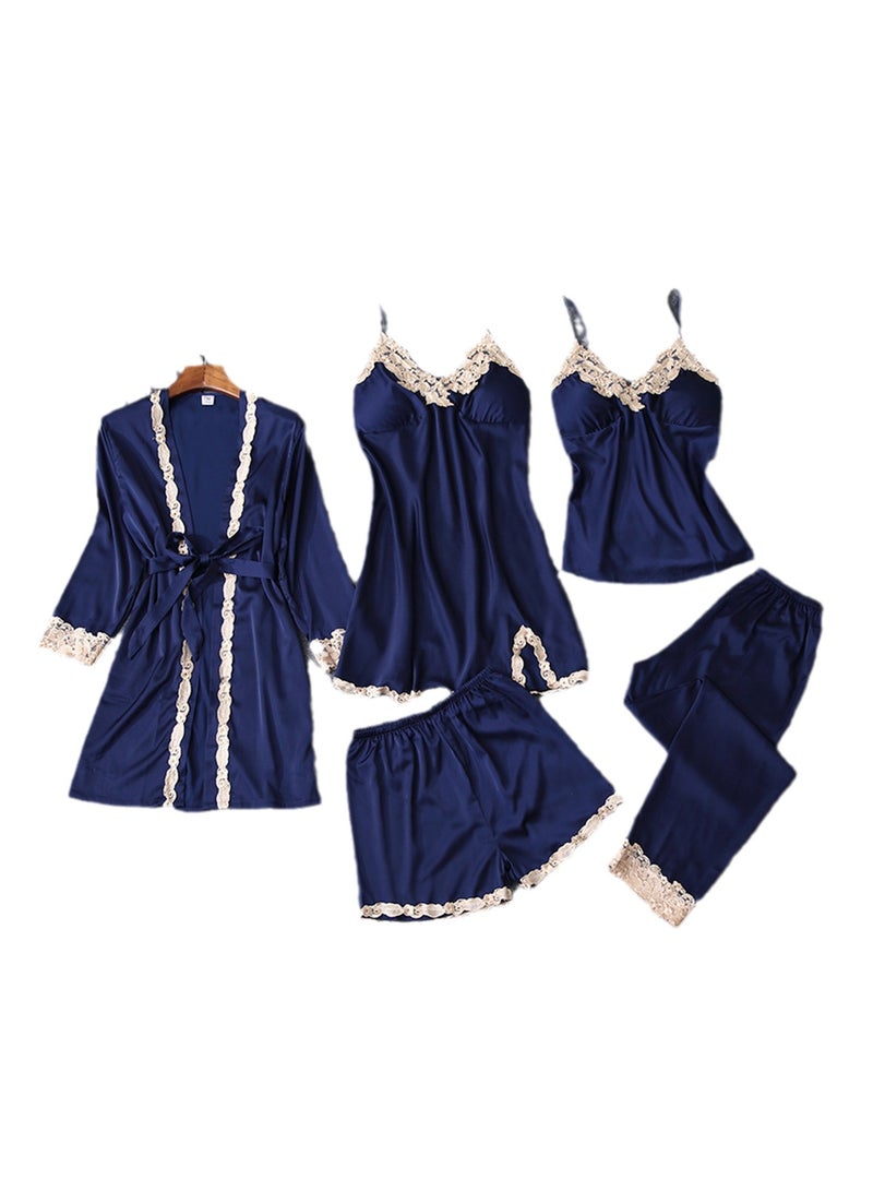 5pcs Ice Silk Pajamas Thin Lace Suspender Long Sleeve Pajama Set  - Image 1