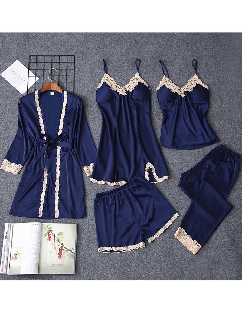 5pcs Ice Silk Pajamas Thin Lace Suspender Long Sleeve Pajama Set  - Image 2