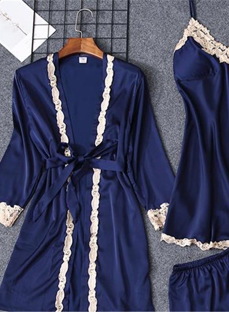 5pcs Ice Silk Pajamas Thin Lace Suspender Long Sleeve Pajama Set  - Image 3
