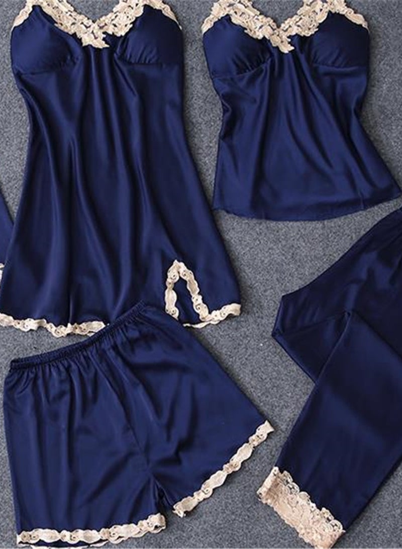 5pcs Ice Silk Pajamas Thin Lace Suspender Long Sleeve Pajama Set  - Image 4