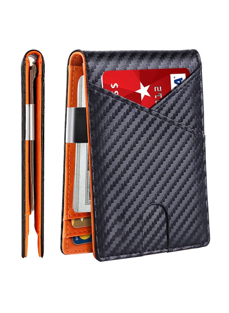 Excefore محفظة للرجال رفيعة بسعة أكبر مع مشبك للنقود ومحفظة RFID للرجال وجيب أمامي بسيط وحامل بطاقات الائتمان من الجلد ثنائي الطي مع صندوق هدايا لنافذة الهوية (أسود وبرتقالي) - Image 1