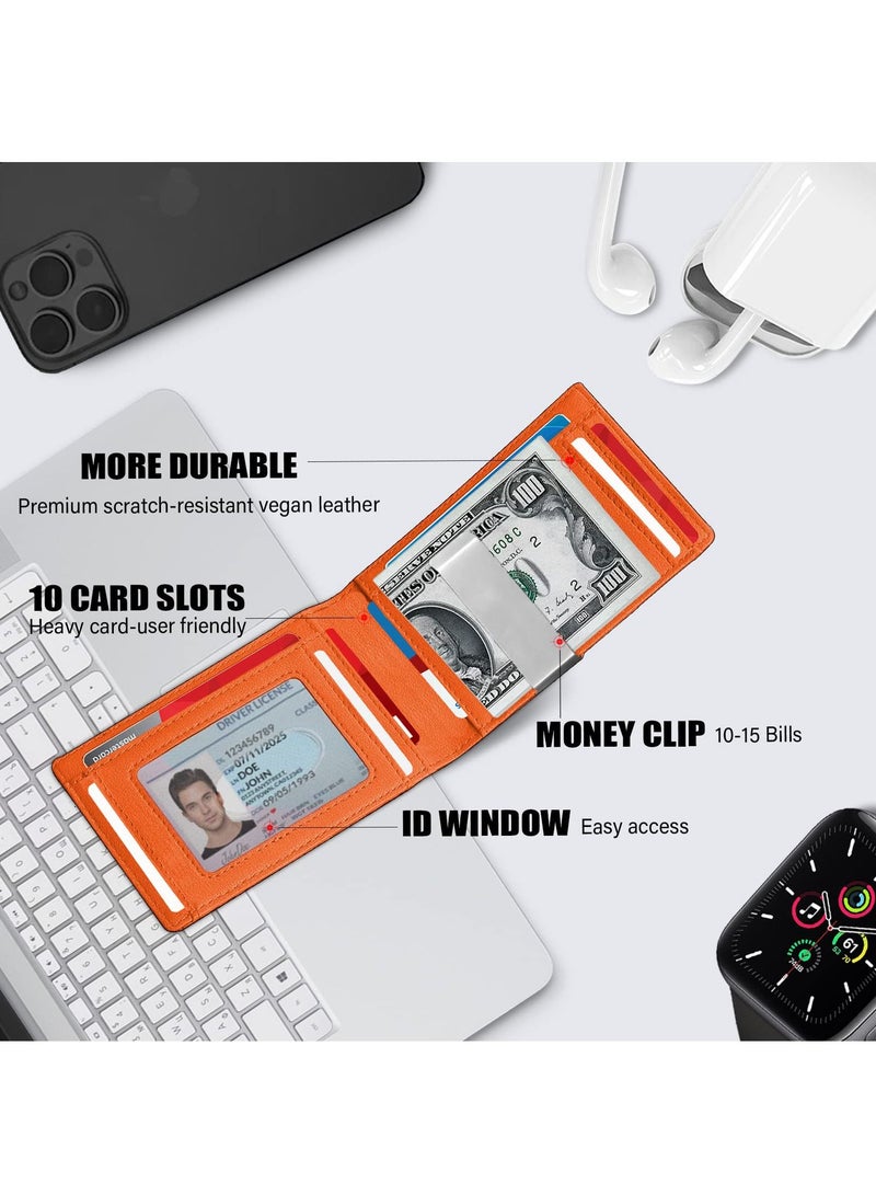 Excefore محفظة للرجال رفيعة بسعة أكبر مع مشبك للنقود ومحفظة RFID للرجال وجيب أمامي بسيط وحامل بطاقات الائتمان من الجلد ثنائي الطي مع صندوق هدايا لنافذة الهوية (أسود وبرتقالي) - Image 4