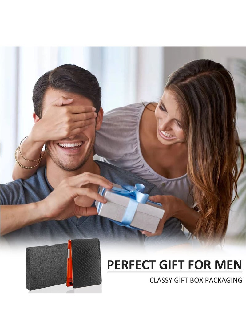 Excefore محفظة للرجال رفيعة بسعة أكبر مع مشبك للنقود ومحفظة RFID للرجال وجيب أمامي بسيط وحامل بطاقات الائتمان من الجلد ثنائي الطي مع صندوق هدايا لنافذة الهوية (أسود وبرتقالي) - Image 2