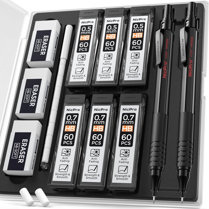 Nicpro نيك برو 2 قطعة قلم رصاص ميكانيكي 0.5 مم و 0.7 مم مع علبة، مجموعة أقلام فنية معدنية MP1000 مع 4 أنابيب من رصاص HB، 2 ممحاة، 9 إعادة تعبئة ممحاة للكتابة الفنية، الرسم، التخطيط، الرسم، اسكتش، أسود - Image 1