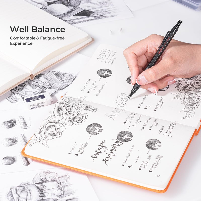 Nicpro نيك برو 2 قطعة قلم رصاص ميكانيكي 0.5 مم و 0.7 مم مع علبة، مجموعة أقلام فنية معدنية MP1000 مع 4 أنابيب من رصاص HB، 2 ممحاة، 9 إعادة تعبئة ممحاة للكتابة الفنية، الرسم، التخطيط، الرسم، اسكتش، أسود - Image 4