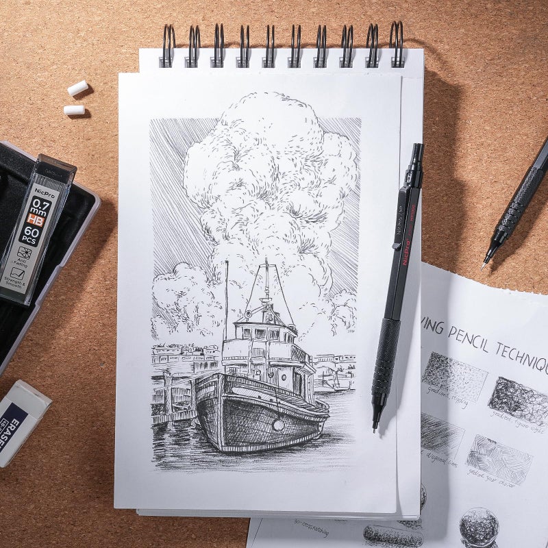 Nicpro نيك برو 2 قطعة قلم رصاص ميكانيكي 0.5 مم و 0.7 مم مع علبة، مجموعة أقلام فنية معدنية MP1000 مع 4 أنابيب من رصاص HB، 2 ممحاة، 9 إعادة تعبئة ممحاة للكتابة الفنية، الرسم، التخطيط، الرسم، اسكتش، أسود - Image 5